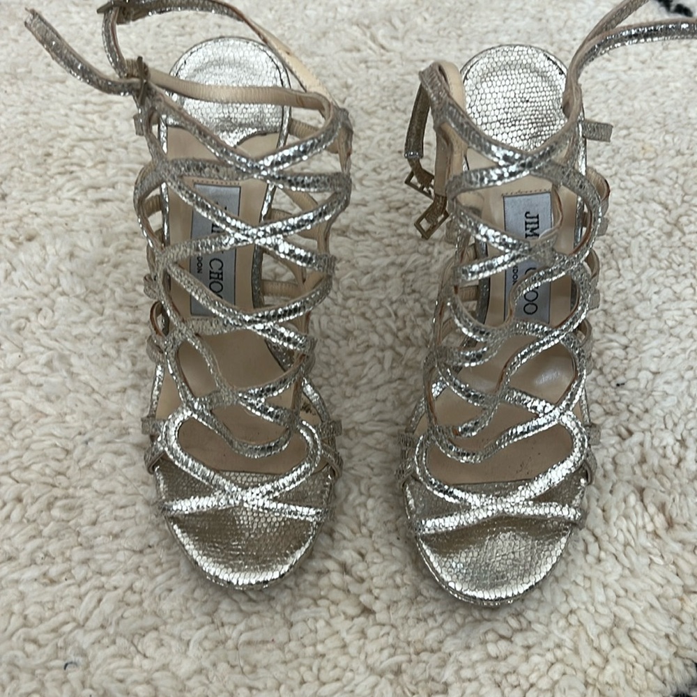 Jimmy Choo/ pre-owned/ glitter silver/ high heels/ size 6.5